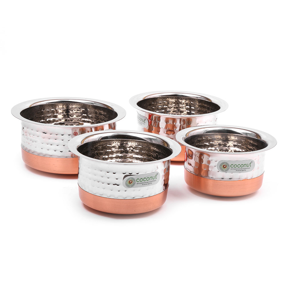 Coconut Stainless Steel Hammered Copper Bottom Tope/Patila for cooking (400, 500, 700 and 800 ml) - Set of 4