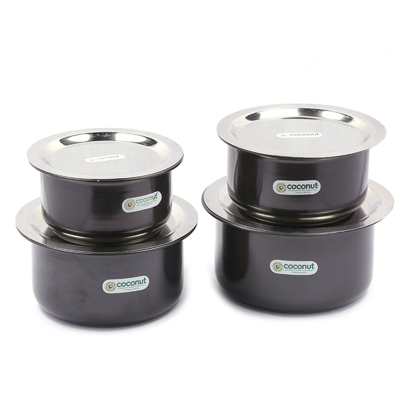 Coconut Hard Anodised Tope/Patila for Cook and Serve with SS Lid and Gas Stove & Induction Base Top Compatible - 3 Unit - Capacity - 1.5 Litre, 2 Litre, 2.5 Litre, 3 Litre (Dimension - 18Cm, 20cm, 21cm, 23cm)