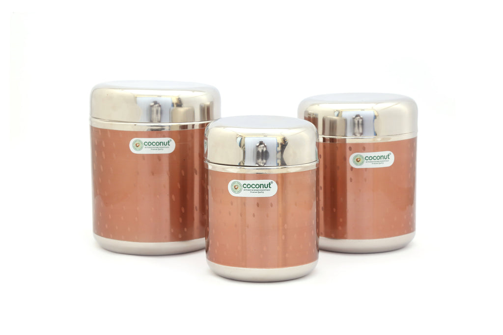 Coconut Shinestar Stainless Steel with shower coating Round Dabba/Container/Storage/Canister - Set of 3 - Capacity - 500ml, 1000ml, 1500ml