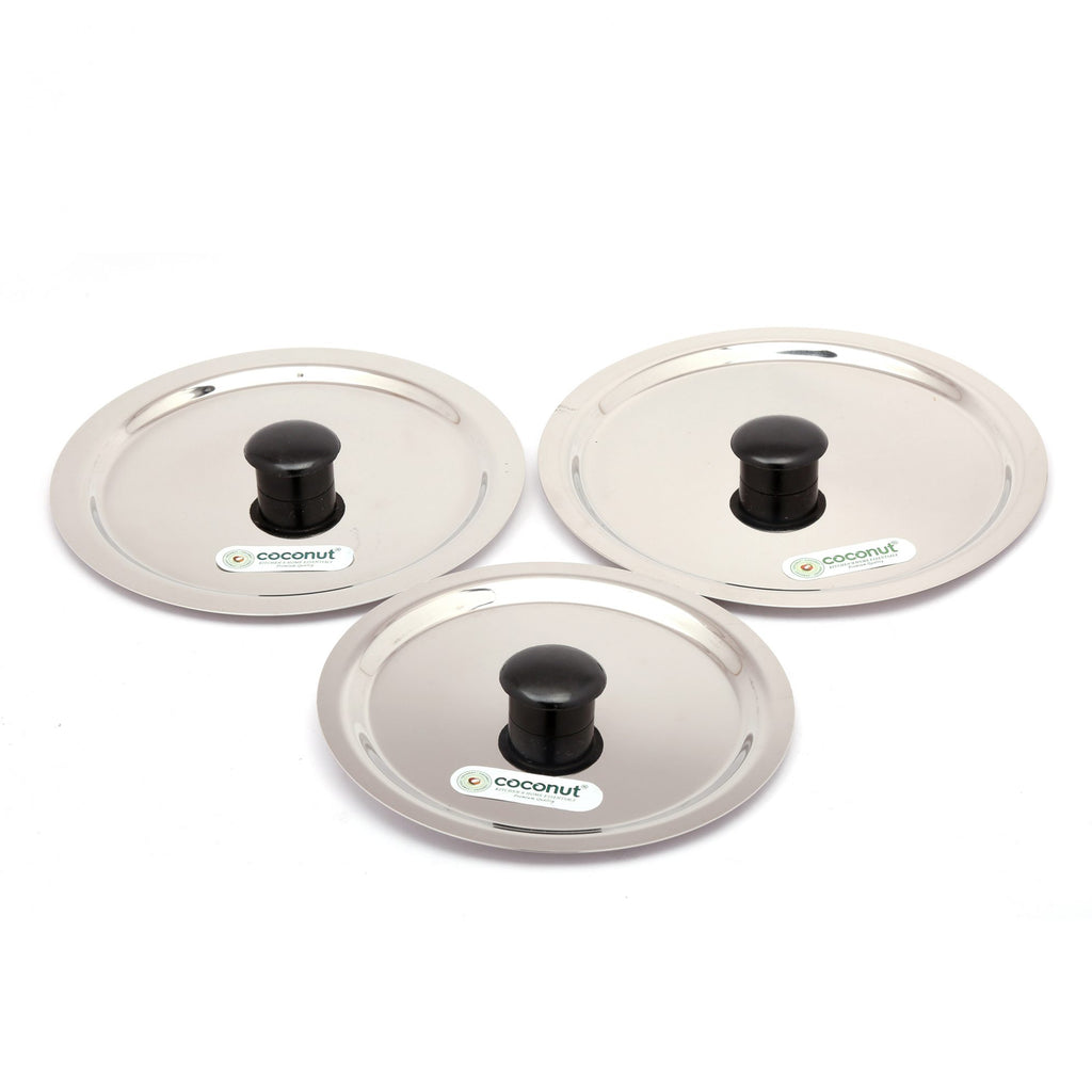 Coconut Stainless Steel Ciba Tope Lids/Tope Cover Set of 3 Lids with Nobs - Diameter - 6.5 inch, 7 inch, 7.5 inch…