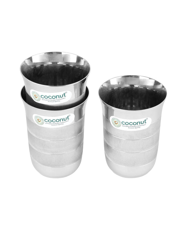 Coconut A3 Stainless Steel Drinking Glass 250ml Each | Matte Finish Designer Tumbler with Premium Ring Pattern | Food Grade Stainless Steel | Rust Proof, BPA Free, Dishwasher Safe | Water, Juice & Beverage Glasses.