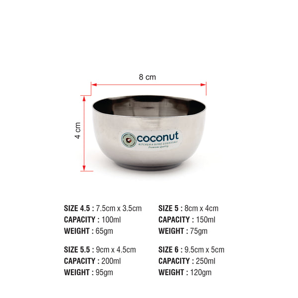 Coconut Vegetable Bowl / Vati - C4 Apple Vati (Pack of 6) (Stainless Steel, Food Grade)