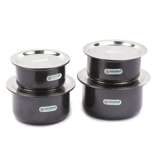 Coconut Hard Anodised Tope for Cook and Serve with SS Lid and Gas Stove & Induction Base Top Compatible - 3 Unit - Capacity - 2 Litre, 2.5 Litre, 3 Litre, 3.5 Litre (Dimension - 20Cm, 21cm, 23cm,24cm)