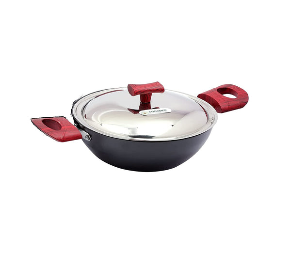 Coconut Hard Anodised Flat Base Kadai With Stainless Steel Lid