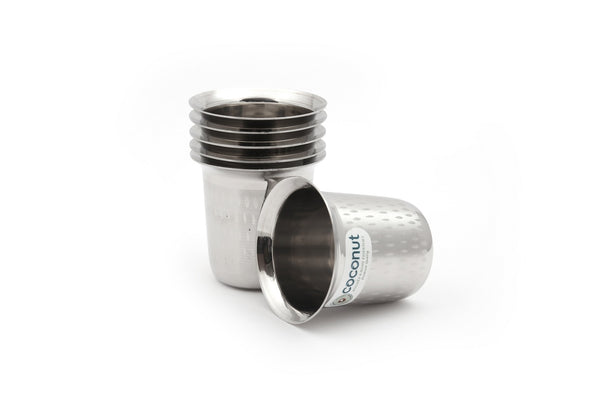Coconut Stainless Steel Mini Coffee Glasses Set of 6 | Available in 100ml, 130ml & 150ml Capacity | Heavy Gauge Steel Tumbler | Food Grade, BPA Free, Rust Proof | Tea, Coffee, Water, Juice & Milk Serving Glasses | Model D8 Junior.