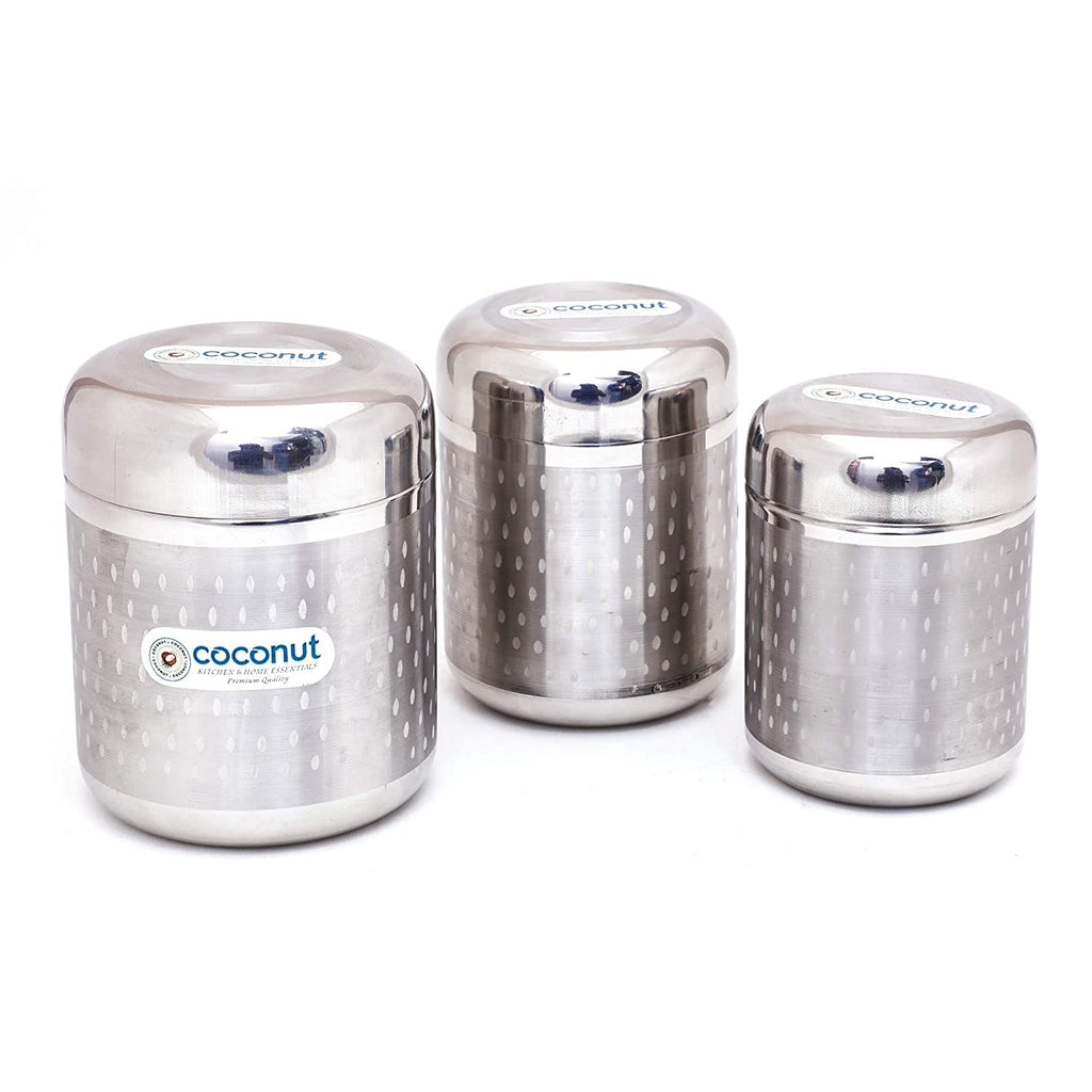Coconut Stainless Steel Shower Spice Box/Grocery Container/Grain Container - Set of 3, 750ML, 1000 ML & 1500ML