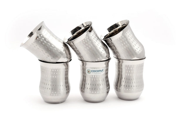 Coconut A8 Shower Stainless Steel Water Glass 300ml | Steel Drinking Glass Set | Water Tumbler | Juice Glass | Milk Glass | Food Grade BPA Free | Rust Resistant | Mirror Finish | Beverage Serving Tumbler | Available in Set of 3 & set of 6.