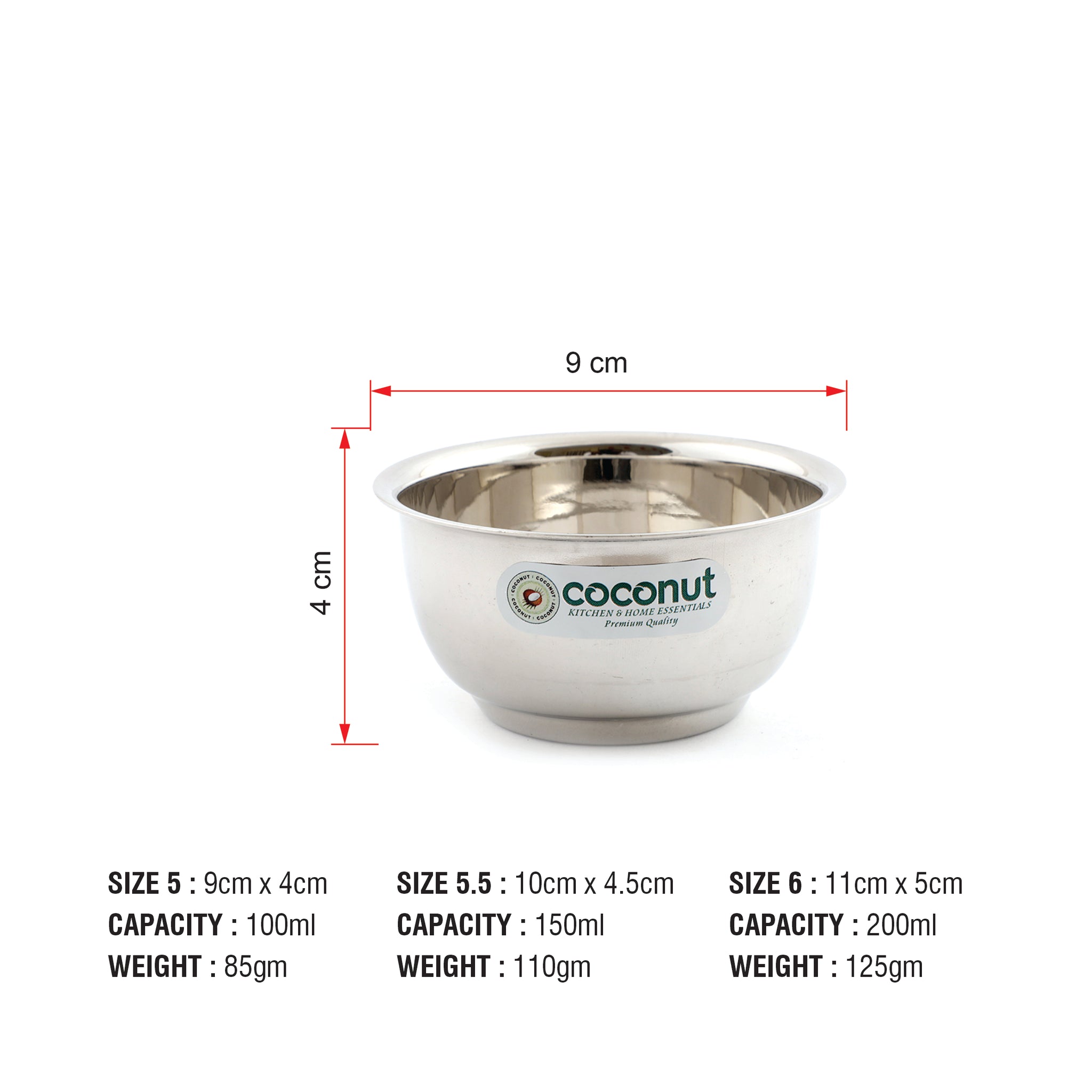 Coconut Stainless Steel Heavy Gauge Solid Bowl Vati Katori Set