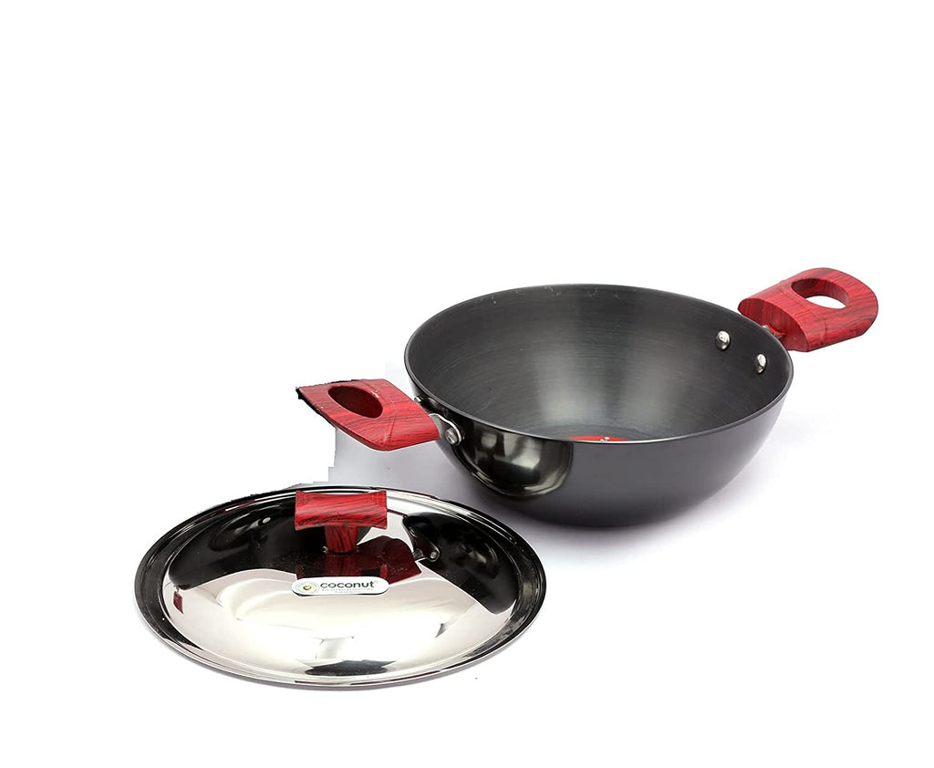 Coconut Hard Anodised Flat Base Kadai With Stainless Steel Lid - Capacity 2 Litres - 3.25 MM Thickness- Dimension -22Cm