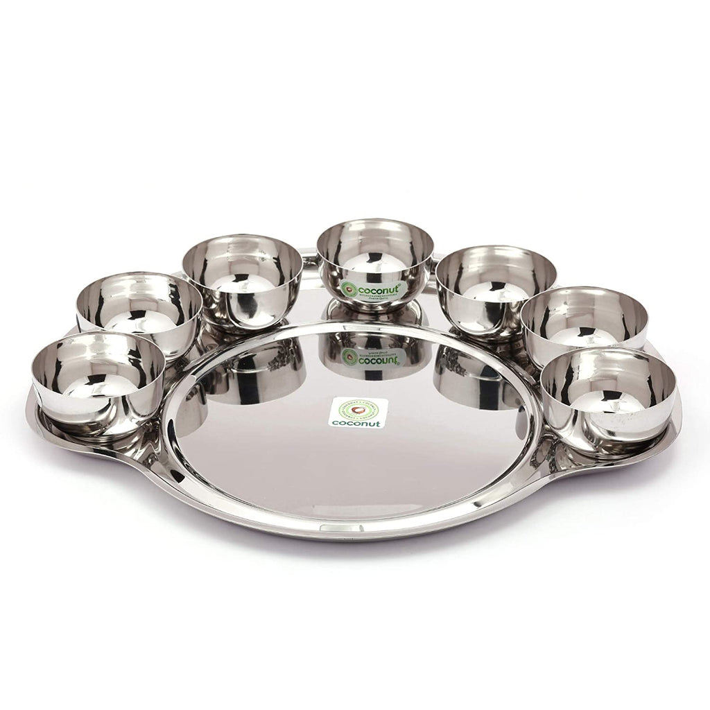 Coconut Stainless Steel Maharaja Bhog (Heavy Guage) Mirror Finish Dinner Thali Set Having One Plate & Seven Bowls(200ML Capacity) - 8 Pc (Thali Length- 42Cms & Height - 36.5Cms)