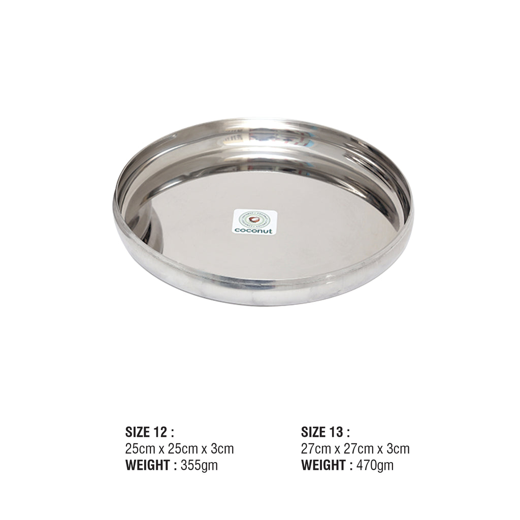 Coconut Stainless Steel Plate Pack of 6, Heavy Gauge, Mirror Finish, Solid, Dinner Plate Meal Plate Serving Plate/ Thali, Model-P1 CB Plate