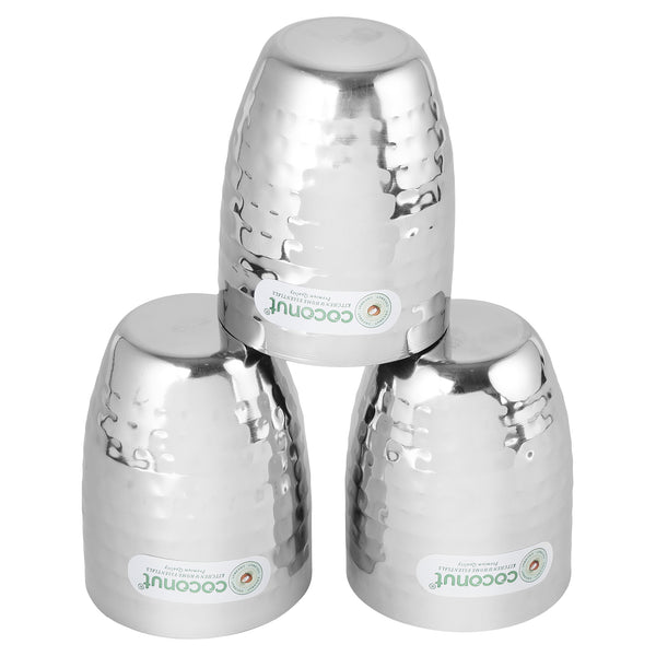 Coconut B13 Hammered Stainless Steel Glass, 200 ml, Premium Hammered Finish Drinking Tumbler, Food Grade Steel Water Glass for Juice, Milk, Lassi, Buttermilk & Daily Use, Rust Proof.