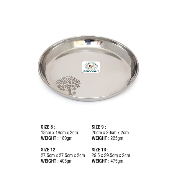 Coconut Stainless Steel Laser Plate - Pack of 6, Heavy Gauge, Mirror Finish, Solid, Dinner Plate / Meal Plate / Serving Plate/ Thali, Model-P5 Laser