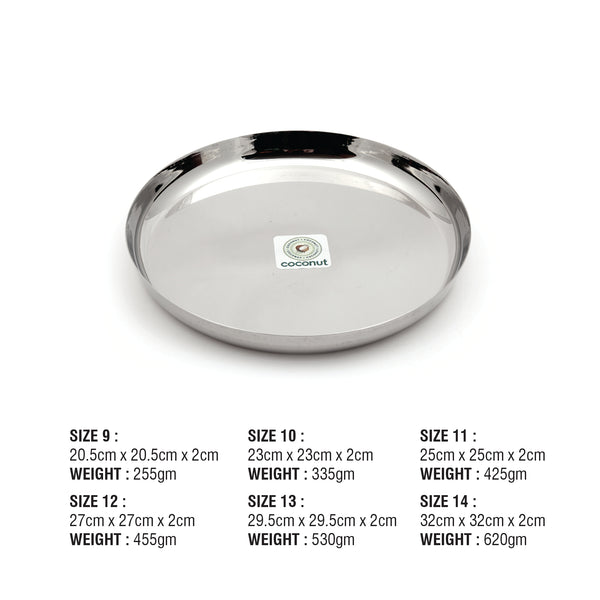 Coconut Stainless Steel Plate - Pack of 6, Heavy Gauge, Mirror Finish, Solid, Dinner Plate / Meal Plate / Serving Plate/ Thali, Model-P8 Apple