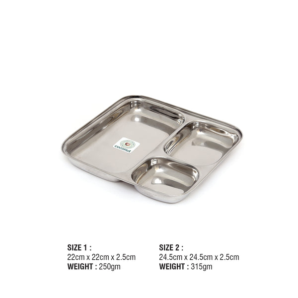 Coconut Stainless Steel Pav Bhaji Plate - Pack of 2, Heavy Gauge, Mirror finish, Durable, Partition Plate / Pav Bhaji Plate / Serving Plate /Lunch / Dinner / Bhojan / Compartment Plate, Model- Pav Bhaji Plate