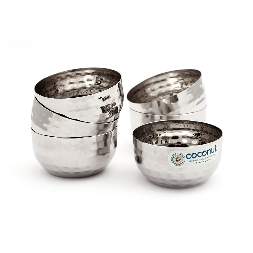 Coconut Stainless Steel Set of 6, Capacity 200ml, Serving Bowls for Soup, Salad, Dessert, Dal, Heavy Gauge, Hammered Bowl Vati Katori Model- C10