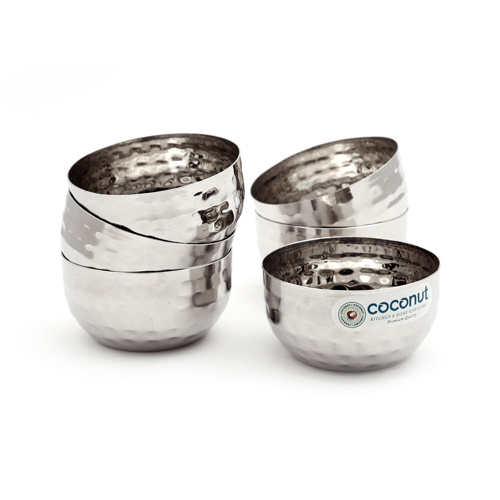Coconut Stainless Steel Hammered Bowl/Vati/Katori- Set of 6- Capacity 200 ml Each
