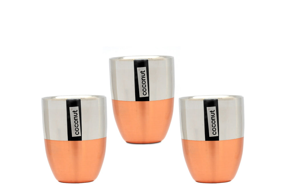Coconut Stainless Steel Copper Finish Double Wall Water Glass Set of 3 - Capacity 250 ml each