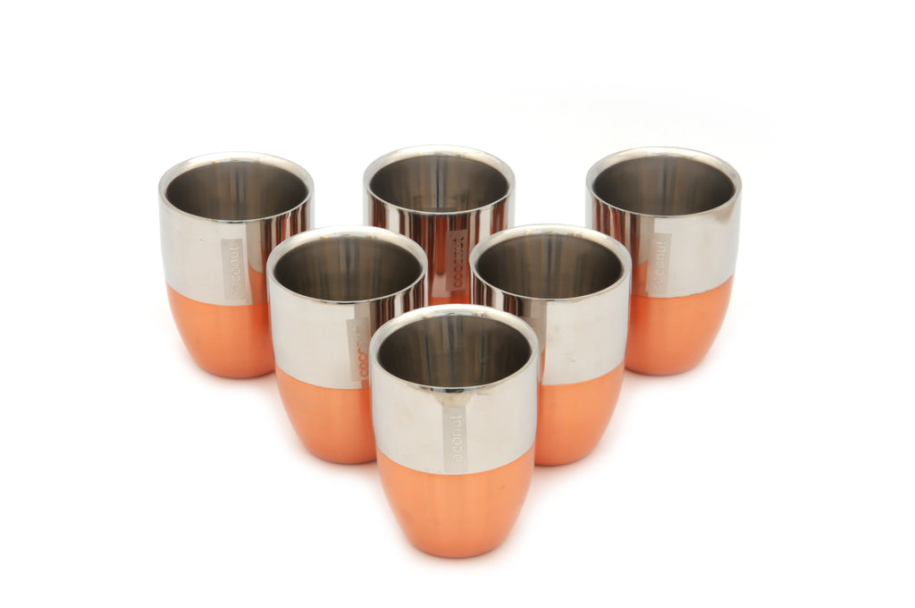 Coconut Stainless Steel Copper Finish Double Wall Water Glass Set of 6 - Capacity 250 ml each