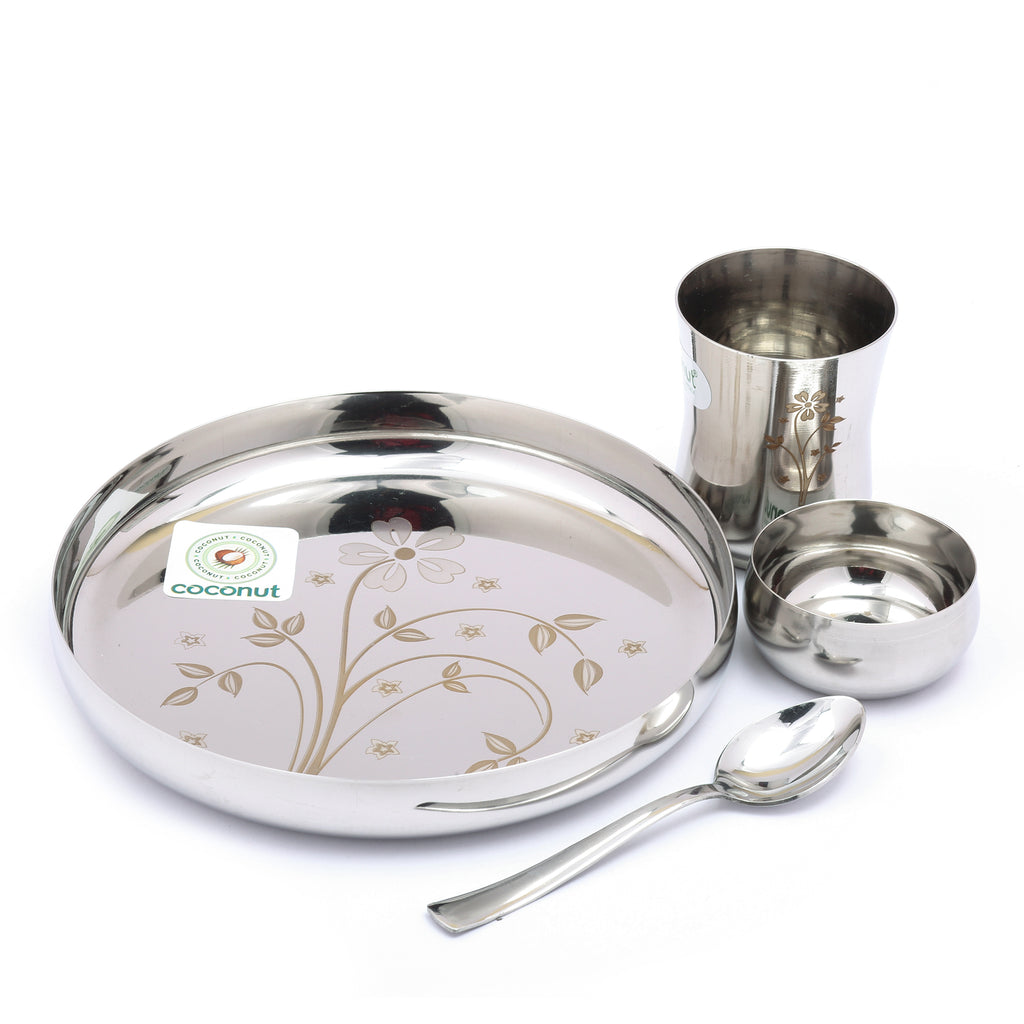 Coconut Stainless Steel Kids Laser Dinner Set (1-Plate,1-Glass, 1-Bowl & 1- Spoon) 4 Pieces - Silver, Diameter - 7.5 Inches