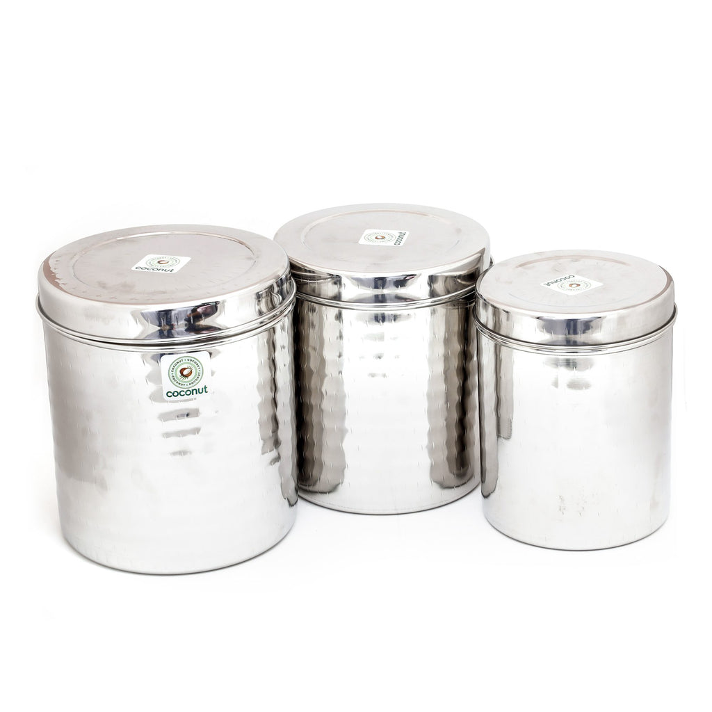 Coconut Stainless Steel Mathar (Hammered) Ubba Dabba/Container/Storage/Utility Box - Pack of 3 (2500 ML /3000 ML & 3500 ML - Each 1 Piece)