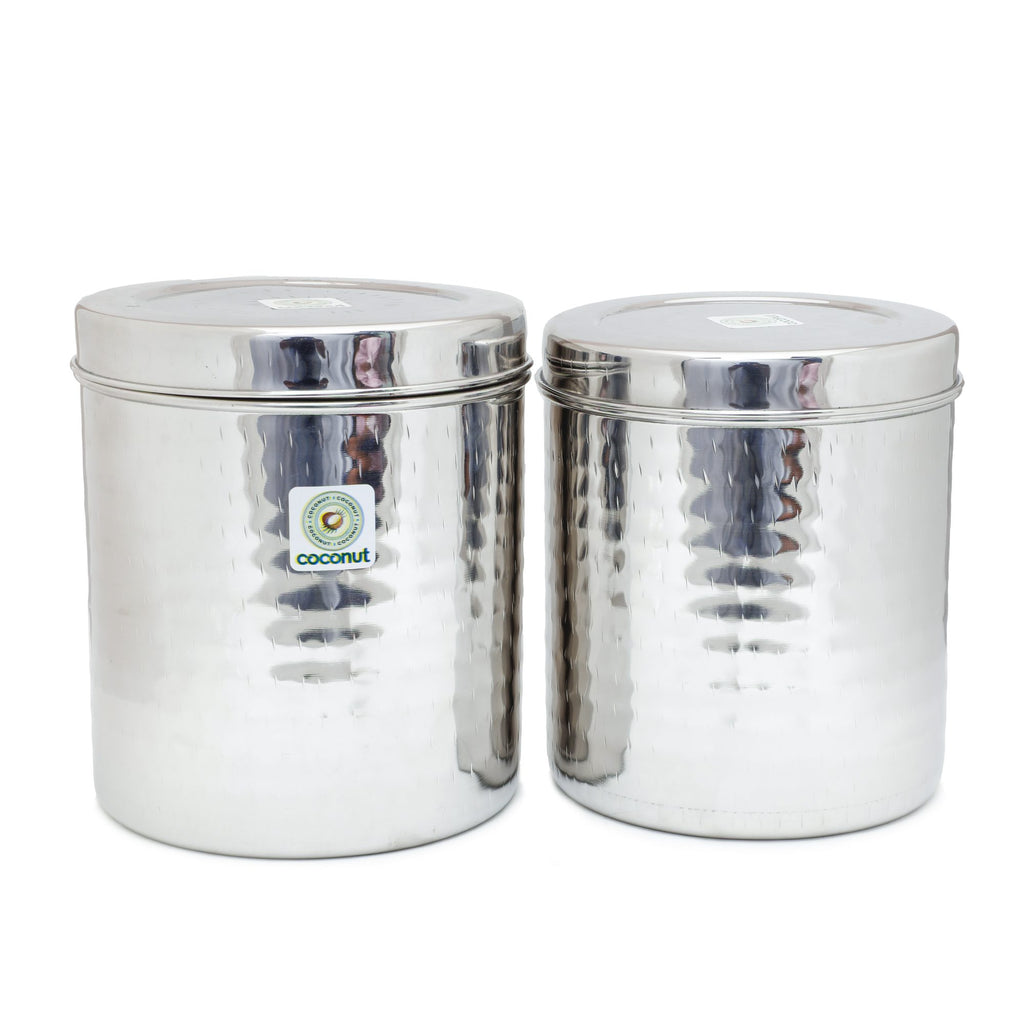 Coconut Stainless Steel Mathar (Hammered) Ubba Dabba/Container/Storage/Utility Box - 1500 ml, 2000 ml, 2 Pieces, Silver