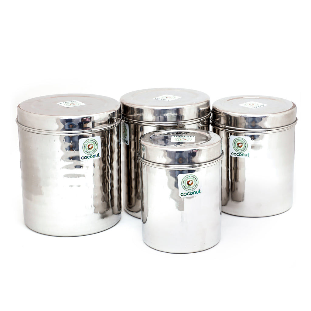Coconut Stainless Steel Mathar (Hammered) Ubba Dabba/Container/Storage/Utility Box - Pack of 4 (1500 ML /2000 ML /2500 ML / 3000 ML - Each 1 Piece)