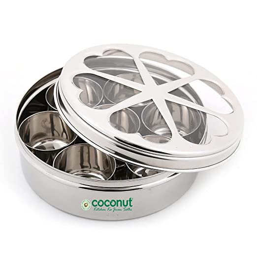 Coconut Stainless Steel Flora Spice Container/Masala Box with 7 Bowls - 1 Unit ( Belly Shaped) - Diamater- 19 Cm