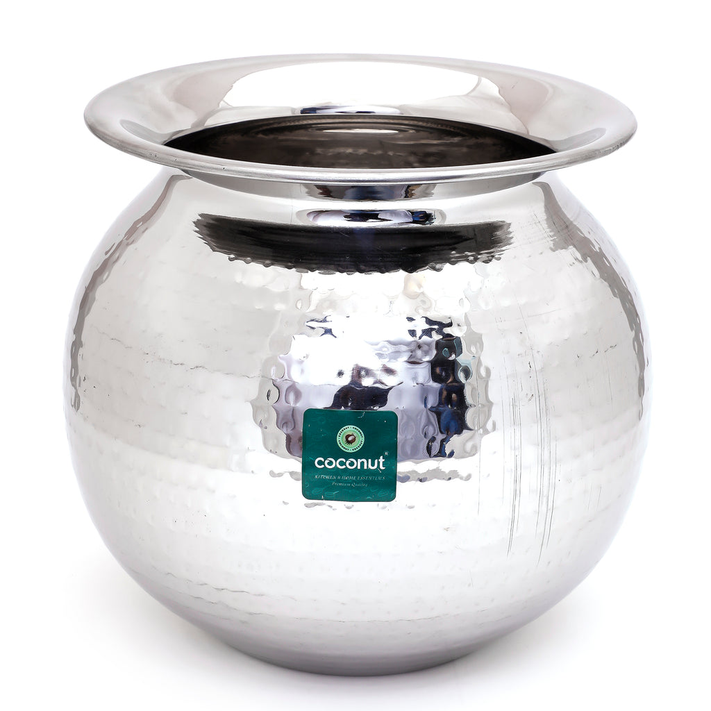 Coconut Stainless Steel Hammered 18 Guage Round Pot /Lassi Pot/Handi - 1 Unit (Diamater - 7.5 Inches) 5000ML