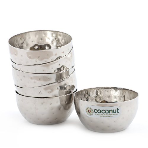 Coconut Stainless Steel Polka Bowl/Vati/Katori - Set of 6 (10 cm Diameter) - Capacity Each Bowl -300 ML