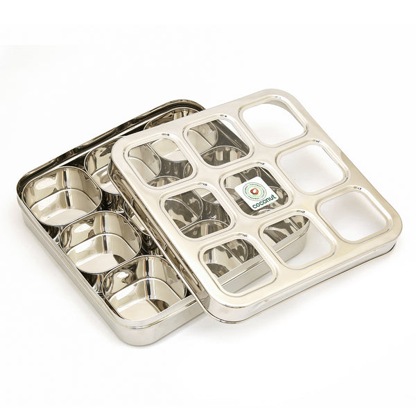 Coconut Stainless Steel Masala Box/Dry fruit box -Square Cubic See thru Lid - Spice box - Condiment box - 9 partition - Model - MB6